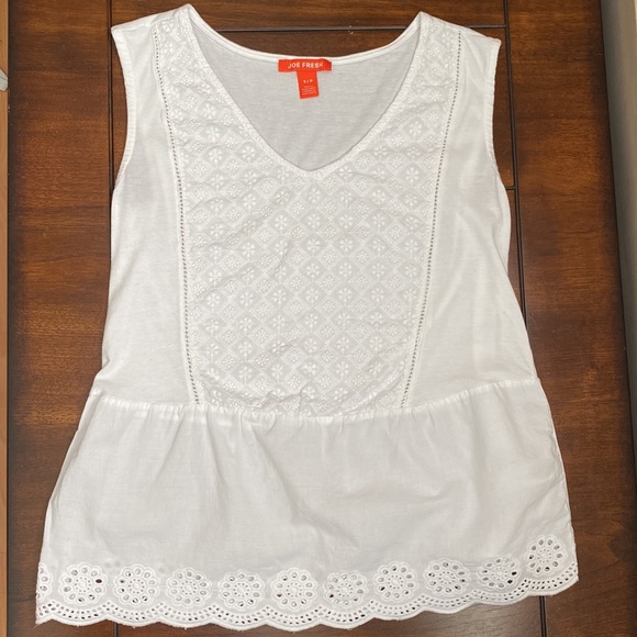 [S] Joe Fresh Peplum Eyelet Sleeveless Tank Top with Embroidery | White - Picture 2 of 7